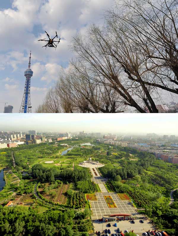 The combination photo shows an air vehicle flies over a park while taking aerial photos (above) and photos it took in Changchun, Northeast China's Jilin province, May 3, 2013. [Photo/Xinhua] 