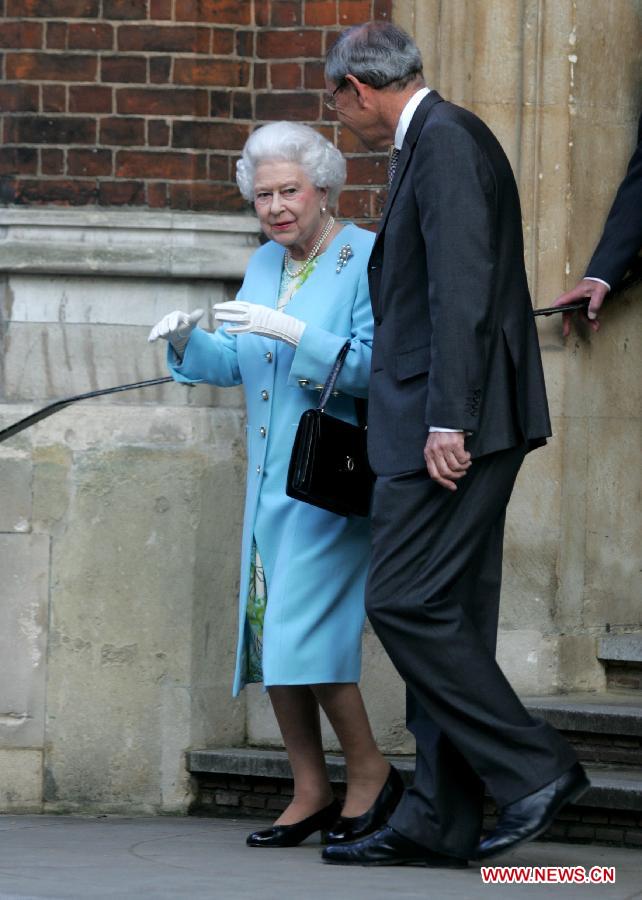 Queen Elizabeth II arrives for the rededication of the newly refurbished Temple Church Organ during Choral Evensong at Temple Church in London, Britain, on May 7, 2013. Queen Elizabeth II will miss this year's Commonwealth heads of government meeting for the first time in forty years. Buckingham Palace said on Tuesday the Queen has decided to send her son, Prince Charles, to take her place at the meeting held in Sri Lanka in November. (Xinhua/Bimal Gautam)