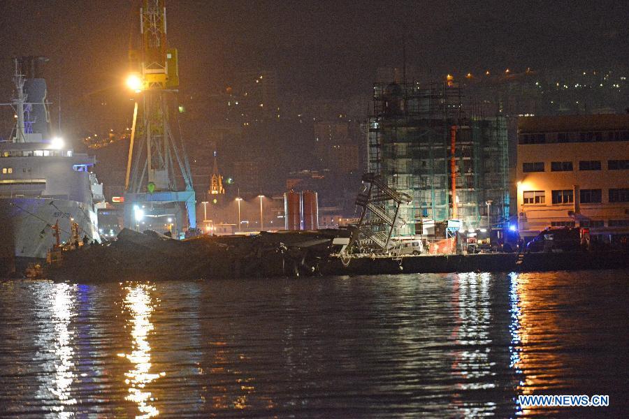 Photo taken on May 8 shows the fallen control tower in the port of Genoa, northern Italy.  (Xinhua/Davide Pambianchi)