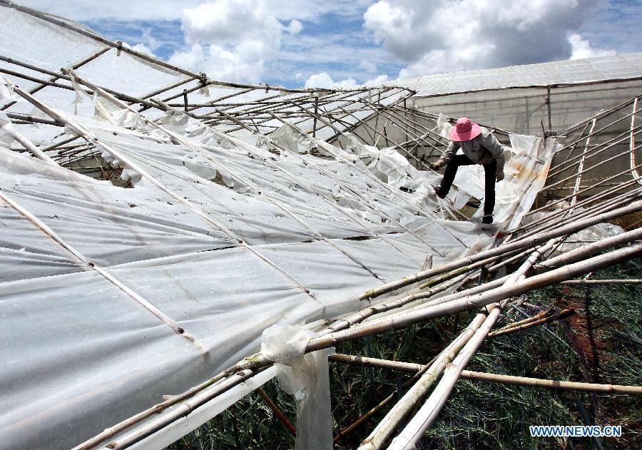 A local resident repairs a greenhouse destroyed by a hailstorm in Da Lat city, Lam Dong province, central Vietnam, May 9, 2013. Hailstorm and whirlwinds hitting northern and central Vietnam in the last two days caused severe property damages. (Xinhua/VNA)