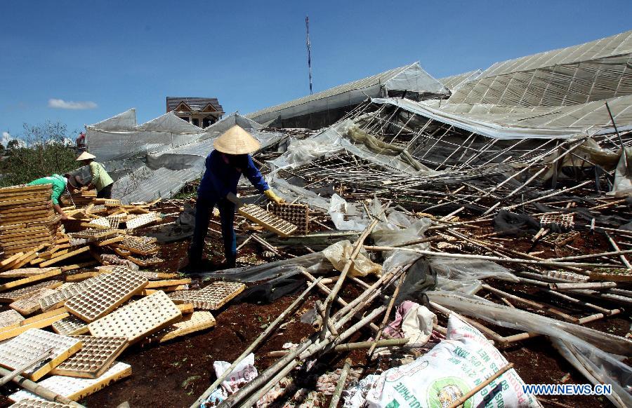 Local residents repair a greenhouse destroyed by a hailstorm in Da Lat city, Lam Dong province, central Vietnam, May 9, 2013. Hailstorm and whirlwinds hitting northern and central Vietnam in the last two days caused severe property damages. (Xinhua/VNA)