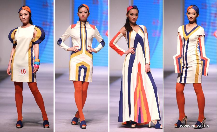Combo photo taken on May 7, 2013 shows models presenting fashion creations during the final of a knitting fashion design contest in Qingdao, a coastal city in east China's Shandong Province. (Xinhua/Liang Xiaopeng) 