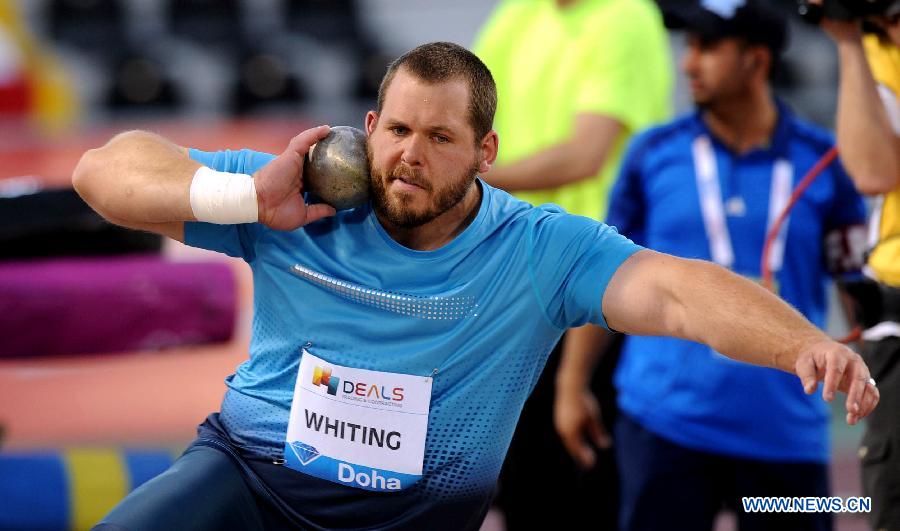 Ryan Whiting of the United States competes during the men's shot put final at the IAAF Diamond League in Doha, capital of Qatar, May 10, 2013. Whiting claimed the title of the event with 22.28 metres. (Xinhua/Chen Shaojin)