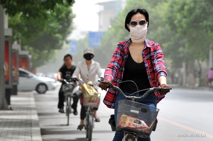 A woman covers her face with a scarf to protect her from floating dust in Yinchuan, capital of northwest China's Ningxia Hui Autonomous Region, May 13, 2013. Floating dust hit Yinchuan on Monday. (Xinhua/Peng Zhaozhi) 