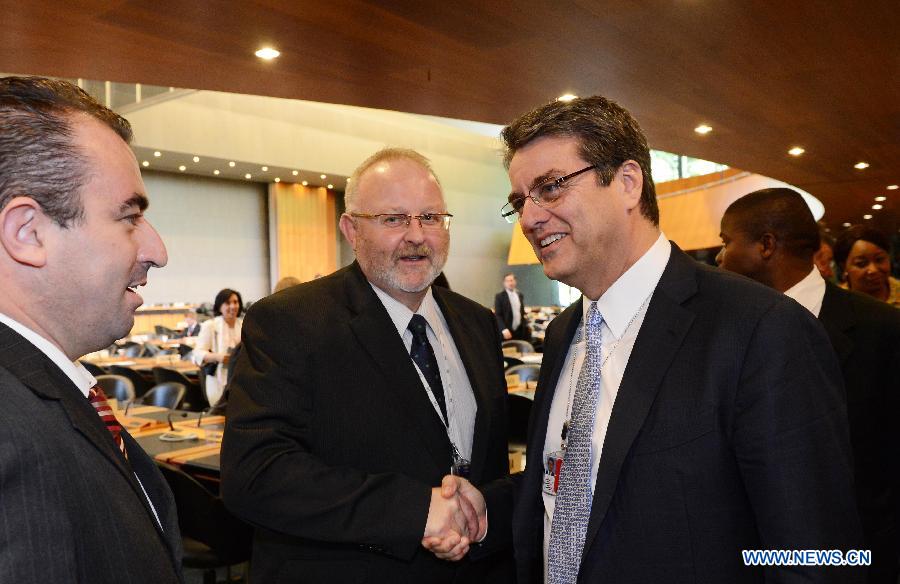 Roberto Azevedo (R) is greeted after he was confirmed formally in Geneva, Switzerland, May 14, 2013. The World Trade Organization (WTO) on Tuesday formally appointed Roberto Azevedo as its new director general replacing Pascal Lamy, whose tenure will end on Aug. 31. (Xinhua/Wang Siwei)