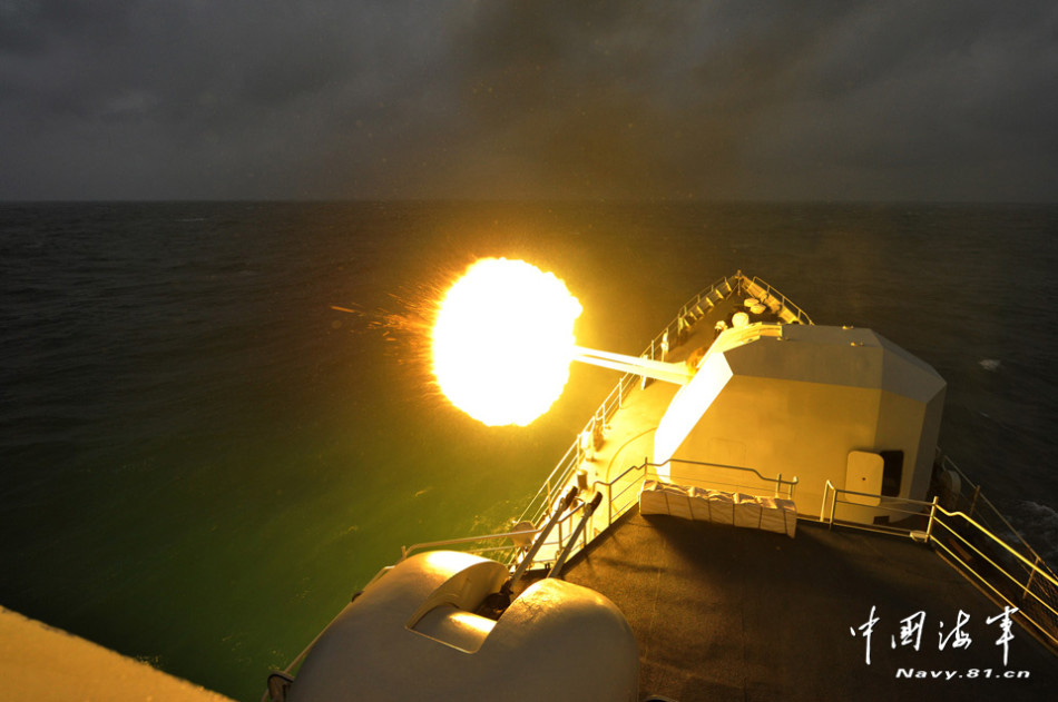 The Jiangmen missile frigate under the South Sea Fleet of the Chinese People's Liberation Army Navy (PLAN) is in live-ammunition fire training in the waters of the Nansha Islands in the South China Sea. (China Military Online/Gao Yi, Zhao Changhong) 