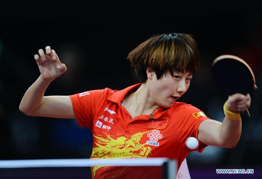 Ding Ning of China competes during the women's singles first round match against Zhenhua Dederko of Australia at the 2013 World Table Tennis Championships in Paris, France, May 15, 2013. Ding Ning won 4-0. (Xinhua/Tao Xiyi)