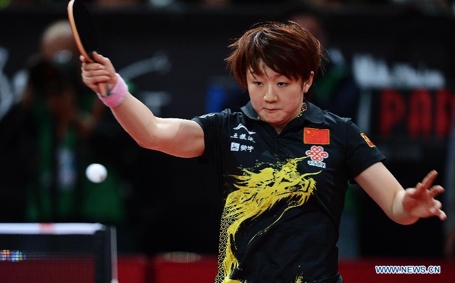 Chen Meng of China competes during the women's singles first round match against Marina Berho of France at the 2013 World Table Tennis Championships in Paris, France, May 15, 2013. Chen Meng won 4-0. (Xinhua/Tao Xiyi)
