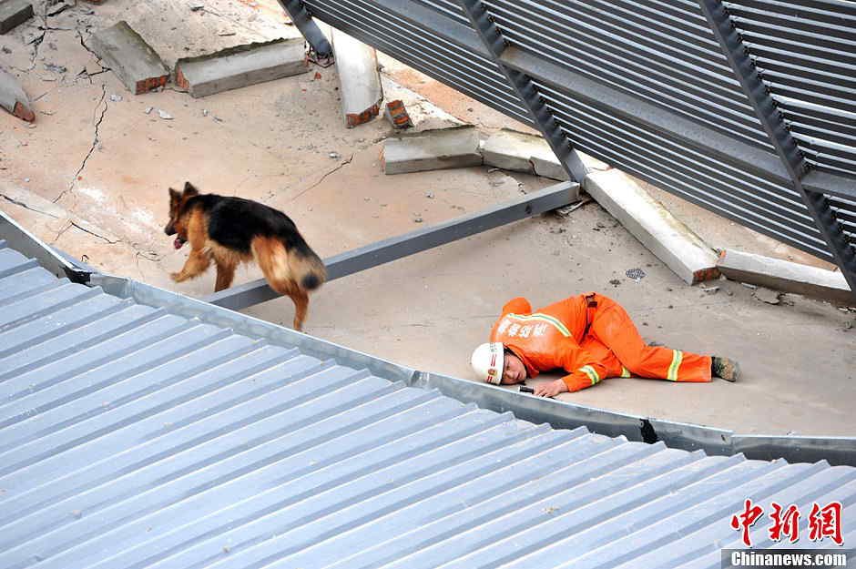 Rescuers search for survivors at the ruins of Super 8 budget hotel, a four-storey building in downtown Fuzhou, capital city of Fujian, southeast China, May 20, 2013. No casualties reported in the accident so far. (Photo/ Chinanews.com)