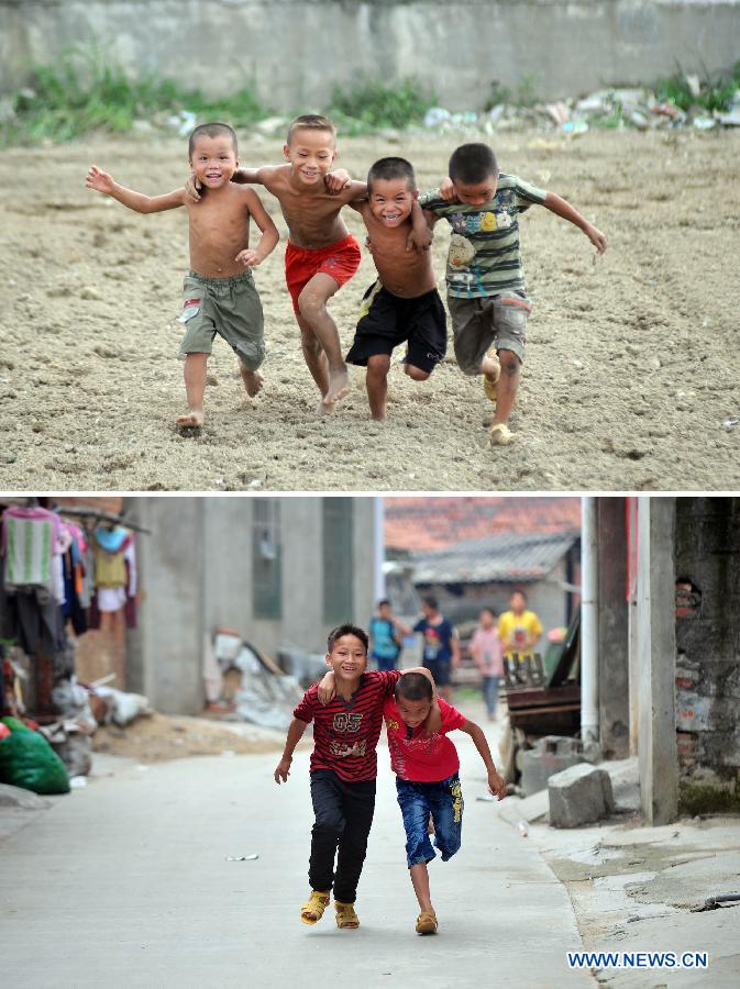 Combined photo taken in Baisha Village of Liuzhou City, south China's Guangxi Zhuang Autonomous Region, shows 9-year-old Xiong Nihua (3rd R) plays with her friends on Aug. 21, 2007 (top) and 15-year-old Xiong Nihua poses for photo alone on May 16, 2013. Her friends in the photo above have moved to other places with their parents. There are about 70 million children of migrant workers in China at present. Many of these children have been living a vagrant life, travelling with their parents whose jobs are not stable. (Xinhua/Huang Xiaobang)