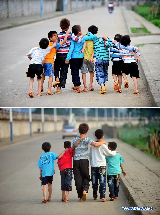 Combined photo taken in Baisha Village of Liuzhou City, south China's Guangxi Zhuang Autonomous Region, shows Pan Musheng (4th L), Tai Guiping (5th L) and six other kids play together on May 28, 2010 (top) and Tai Guiping (2nd R) plays with four other kids on May 13, 2013. Pan Musheng and the other 2 children in the photo above have moved to other places with their parents. There are about 70 million children of migrant workers in China at present. Many of these children have been living a vagrant life, travelling with their parents whose jobs are not stable. (Xinhua/Huang Xiaobang)