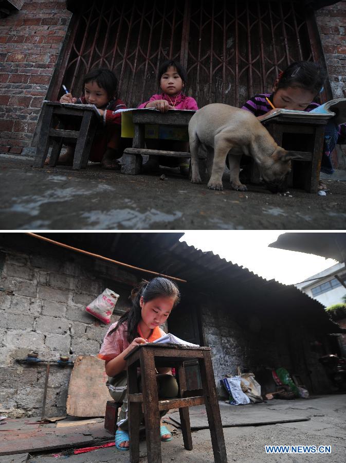 Combined photo taken in Baisha Village of Liuzhou City, south China's Guangxi Zhuang Autonomous Region, shows 8-year-old Liu Liuyu (C) does homework with her friends on Nov. 5, 2008 (top) and 13-year-old Liu Liuyu does homework on May 13, 2013. Liu's friends in the photo above have moved to other places with their parents. There are about 70 million children of migrant workers in China at present. Many of these children have been living a vagrant life, travelling with their parents whose jobs are not stable. (Xinhua/Huang Xiaobang)