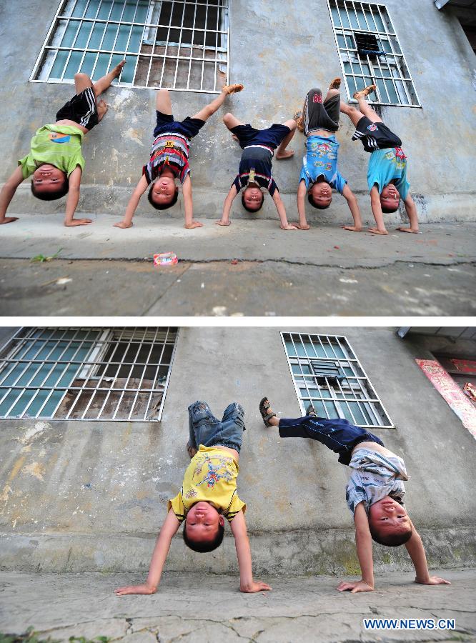 Combined photo taken in Baisha Village of Liuzhou City, south China's Guangxi Zhuang Autonomous Region, shows Pan Musheng (1st L), Tai Nanyu (2nd L), Pan Yong (C) and 2 other boys play handstands on Aug. 10, 2011 (top) and Tai Nanyu (L) and Zhang Bin play handstands on May 13, 2013. Pan Musheng and the other 3 boys in the photo above have moved to other places with their parents. There are about 70 million children of migrant workers in China at present. Many of these children have been living a vagrant life, travelling with their parents whose jobs are not stable. (Xinhua/Huang Xiaobang)