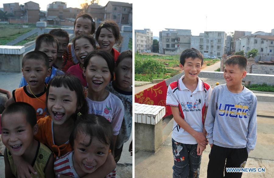 Combined photo taken in Baisha Village of Liuzhou City, south China's Guangxi Zhuang Autonomous Region, shows He Jiawan and Liang Chao pose for photo with other children on Oct. 21, 2008 (in the left picture) and He Jiawan (L) and Liang Chao, pose for photo on May 13, 2013 (in the right picture) . The rest children in the photo above have moved to other places with their parents. There are about 70 million children of migrant workers in China at present. Many of these children have been living a vagrant life, travelling with their parents whose jobs are not stable. (Xinhua/Huang Xiaobang)