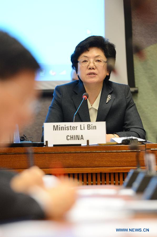 Chinese Health Mininster Li Bin speaks during a side event on Influenza A (H7N9) of the 66th World Health Assembly in Geneva, Switzerland, May 21, 2013. China has gained international recognition for its immediate and effective responses to the human infections with H7N9 virus, a side event on Influenza A (H7N9) showed Tuesday. (Xinhua/Wang Siwei)