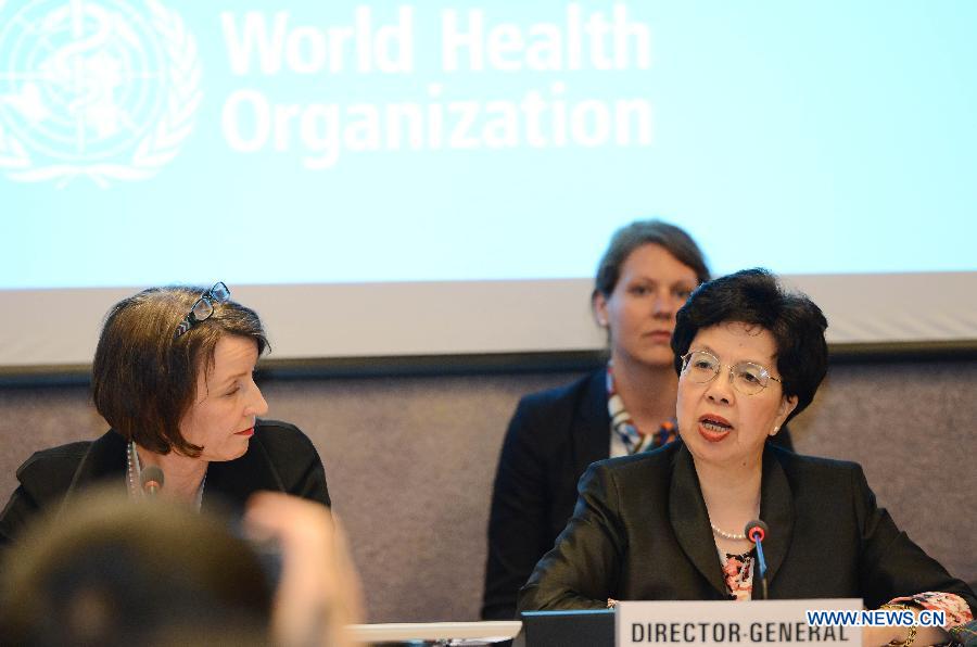 Margaret Chan, Director-General of World Health Organization, speaks during a side event on Influenza A (H7N9) of the 66th World Health Assembly in Geneva, Switzerland, May 21, 2013. China has gained international recognition for its immediate and effective responses to the human infections with H7N9 virus, a side event on Influenza A (H7N9) showed Tuesday. (Xinhua/Wang Siwei)