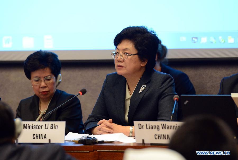 Chinese Health Mininster Li Bin speaks during a side event on Influenza A (H7N9) of the 66th World Health Assembly in Geneva, Switzerland, May 21, 2013. China has gained international recognition for its immediate and effective responses to the human infections with H7N9 virus, a side event on Influenza A (H7N9) showed Tuesday. (Xinhua/Wang Siwei) 