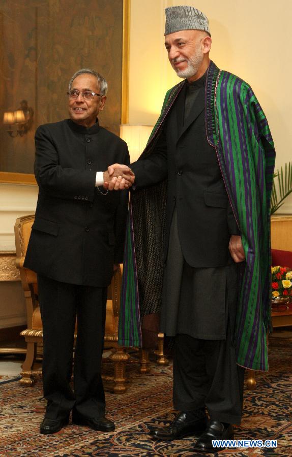 Indian President Pranab Mukherjee (L) meets with Afghan President Hamid Karzai at Indian Presidential Palace in New Delhi, India, May 21, 2013. (Xinhua)