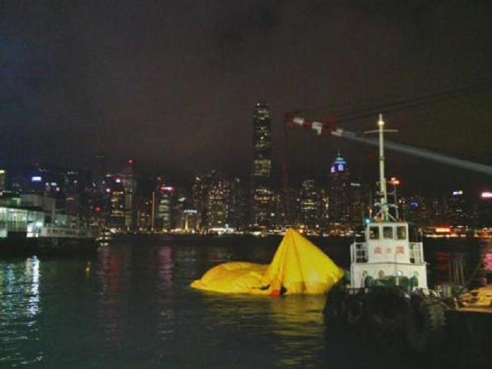 The giant inflatable rubber duck was deflated for maintenance in Victoria Harbor, Hong Kong, May 14, 2013. (Photo/ ecns.cn)