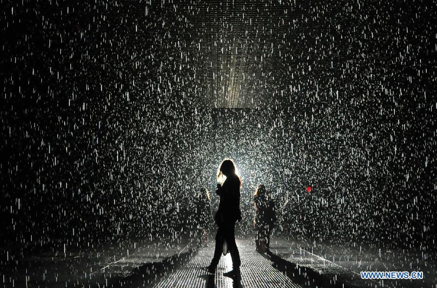 People experience the "Rain Room" art installation by Random International at the Museum of Modern Art in New York, the United States, May 22, 2013. A field of falling water that pauses wherever a human body is detected, "Rain Room" offers visitors the experience of controlling the rain. (Xinhua/Wang Lei) 