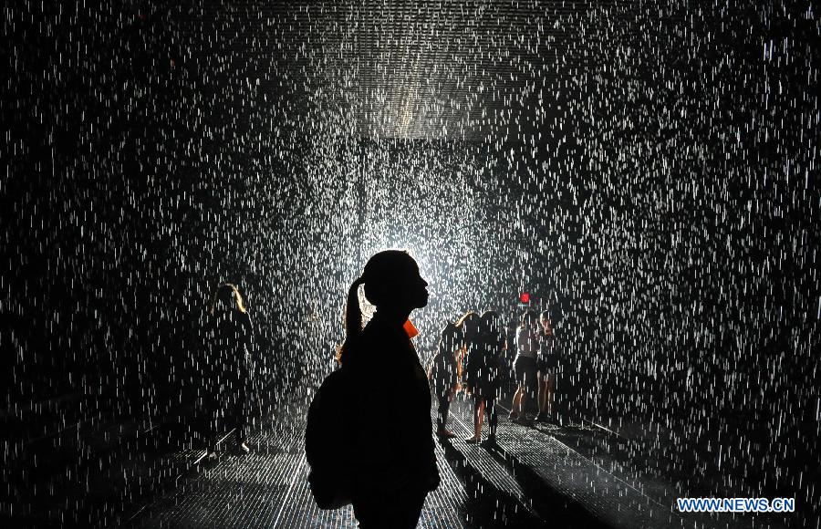 People experience the "Rain Room" art installation by Random International at the Museum of Modern Art in New York, the United States, May 22, 2013. A field of falling water that pauses wherever a human body is detected, "Rain Room" offers visitors the experience of controlling the rain. (Xinhua/Wang Lei)