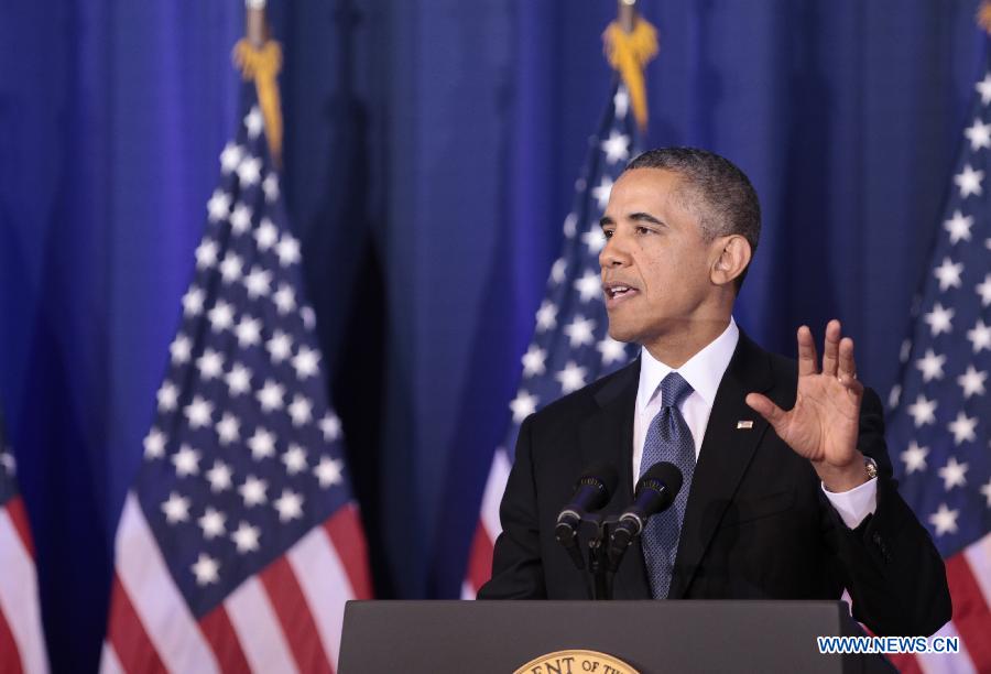 U.S. President Barack Obama deliveries a speech at the National Defence University in Washington D.C. on May 23, 2013. Obama on Thursday sought to redefine his administration's counterterrorism policies, announcing new guidelines codifying controversial drone strikes against militant targets, while renewing his pledge to close the Guantanamo Bay military detention facility. (Xinhua/Fang Zhe) 