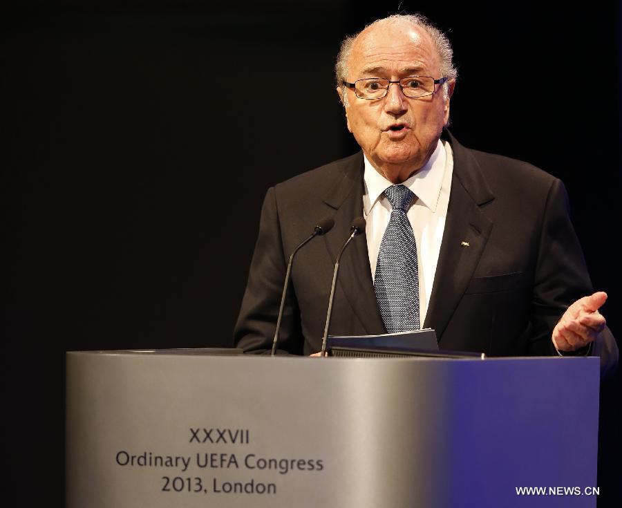 FIFA president Joseph S. Blatter addresses the XXXVII Ordinary UEFA Congress 2013 at Grovesnor House Hotel in London, Britain, on May 24, 2013. (Xinhua/Wang Lili) 
