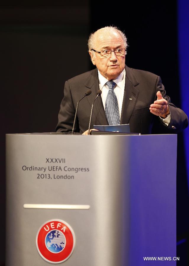 FIFA president Joseph S. Blatter addresses the XXXVII Ordinary UEFA Congress 2013 at Grovesnor House Hotel in London, Britain, on May 24, 2013. (Xinhua/Wang Lili) 