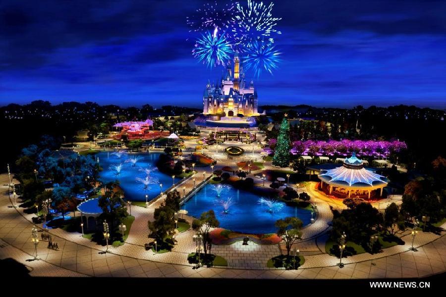 This is a rendering of the model of the Shanghai Disney Resort in Shanghai, east China. Intended to open at the end of 2015, the resort will initially be comprised of Shanghai Disneyland, a Magic-Kingdom-style park as well as two themed hotels, a large retail, dining and entertainment venue, recreational facilities, a lake and transportation hubs. Covering an area of 1.16 square km, the theme park inside the 3.9-square-km Shanghai Disney Resort will be the world's sixth Disney amusement park and the first on the Chinese mainland. (Xinhua)