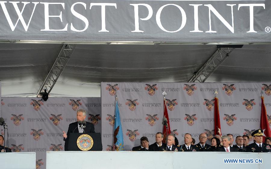 U.S. Secretary of Defense Chuck Hagel delivers a speech at the graduation ceremonies at the United States Military Academy at West Point, New York, the United States, May 25, 2013. 1,007 cadets graduated on Saturday from the famous military academy founded in 1802. (Xinhua/Wang Lei)