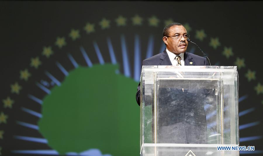 Hailemariam Desalegn, Ethiopian prime minister and current African Union chairperson, addresses the ceremony to mark the 50th anniversary of the founding of the African Union, the successor of the Organisation of African Unity (OAU), in Addis Ababa, Ethiopia, on May 25, 2013. (Xinhua/Zhang Chen)