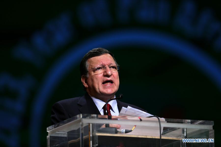 European Commission President Jose Manuel Barroso addresses the ceremony to mark the 50th anniversary of the founding of the African Union, the successor of the Organisation of African Unity (OAU), in Addis Ababa, Ethiopia, on May 25, 2013. (Xinhua/Meng Chenguang)