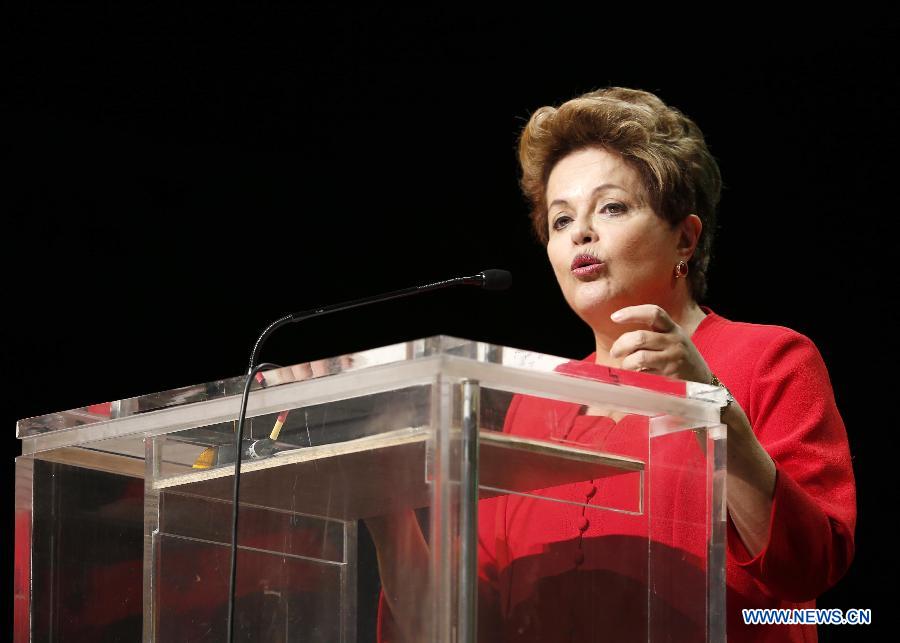 Brazilian President Dilma Vana Rousseff addresses the ceremony to mark the 50th anniversary of the founding of the African Union, in Addis Ababa, Ethiopia, on May 25, 2013. (Xinhua/Zhang Chen)