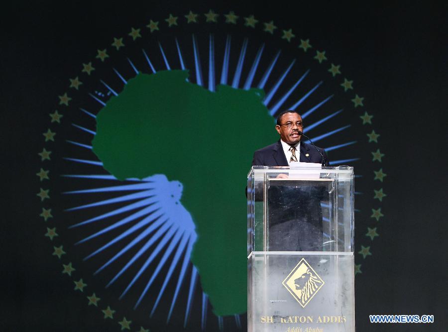 Hailemariam Desalegn, Ethiopian prime minister and current African Union chairperson, addresses the ceremony to mark the 50th anniversary of the founding of the African Union, the successor of the Organisation of African Unity (OAU), in Addis Ababa, Ethiopia, on May 25, 2013. (Xinhua/Meng Chenguang)