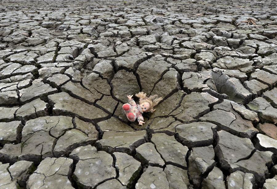 A doll lies on a hole in the dry soil of Los Laureles dam, southern Tegucigalpa, on May 22, 2013. (Xinhua/AFP Photo)