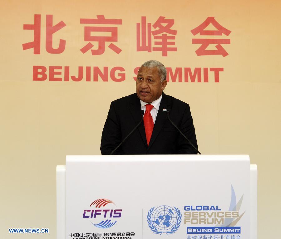 Fijian Prime Minister Josaia Voreqe Bainimarama addresses the 2nd China Beijing International Fair for Trade in Services (CIFITIS) and Global Services Forum-Beijing Summit in Beijing, capital of China, May 29, 2013. (Xinhua/Rao Aimin) 