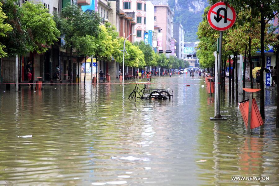 Photo taken on May 29, 2013 shows the flooded street in Fengshan County, south China's Guangxi Zhuang Autonomous Region. Fengshan County was hit by the heaviest rainfall of the year on Wednesday morning. (Xinhua/Zhou Enge)