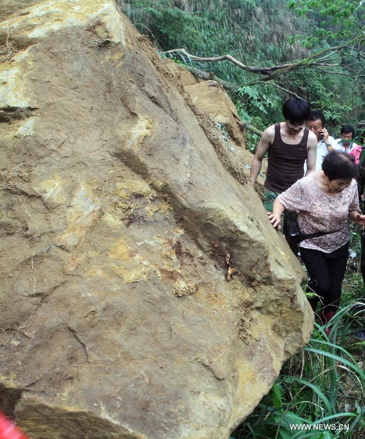 Tourists make their way to detour a rock-fall blocked road in Nantou County, southeast China's Taiwan, June 2, 2013. Three people died, one person missing and 20 others were injured, including 3 severely, in an earthquake that shook Nantou County on Sunday afternoon. (Xinhua) 