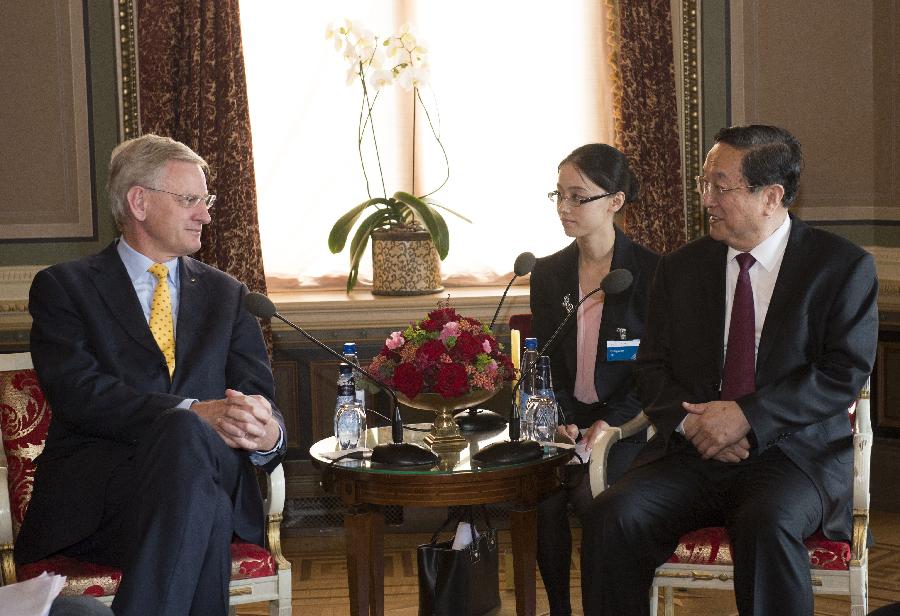 Yu Zhengsheng(R, front), chairman of the National Committee of the Chinese People's Political Consultative Conference, meets with Swedish Foreign Minister Carl Bildt, in Stockholm, Sweden, June 3, 2013. (Xinhua/Li Xueren)