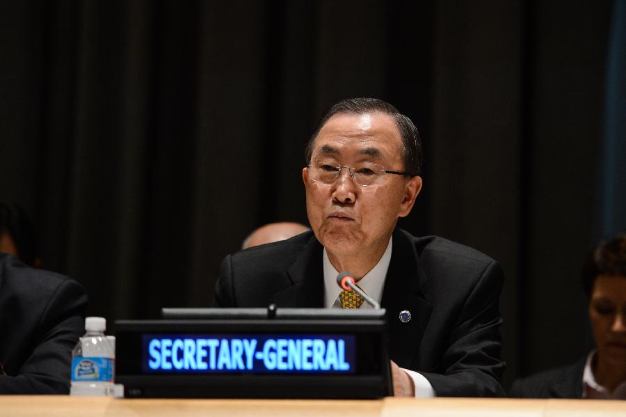 UN Secretary-General Ban Ki-moon attends a special event to mark the opening for signature of the Arms Trade Treaty, at the UN headquarters in New York, on June 3, 2013. The Arms Trade Treaty (ATT), the first international treaty regulating the global conventional weapons commerce, opened for signature at United Nations headquarters on Monday. (Xinhua/Niu Xiaolei) 