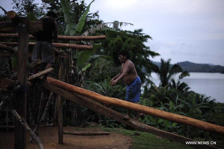 Men of the Embrea ethnic group build a communal house in the Ella Puru Embrea community, outskirts of Panama's capital Panama City, on June 4, 2013. The Embrea and Wounaan indigenous groups are related to the environment through a economy based on agriculture, hunting, fishing and gathering, and now a days with small surplus for trade. The General Assembly of the United Nations (UN), declared June 5 as the World Environment Day. (Xinhua/Mauricio Valenzuela)