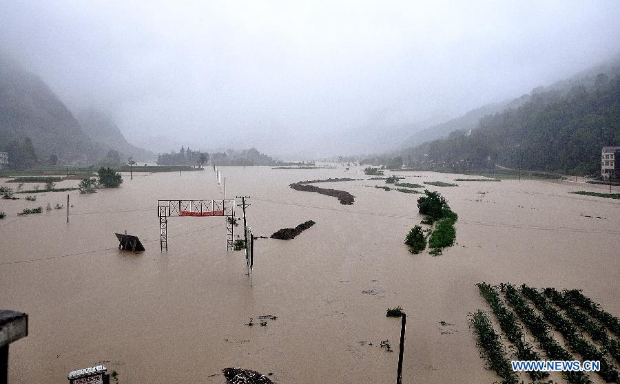 Fields are flooded in Xiaba Village, Gaoluo Township, Xuan'en County, Enshi Tujia and Miao Autonomous Prefecture of central China's Hubei Province, June 6, 2013. Torrential rainfall made parts of Enshi flooded on Thursday morning, and a total of 513 residents have been evacuated. (Xinhua) 