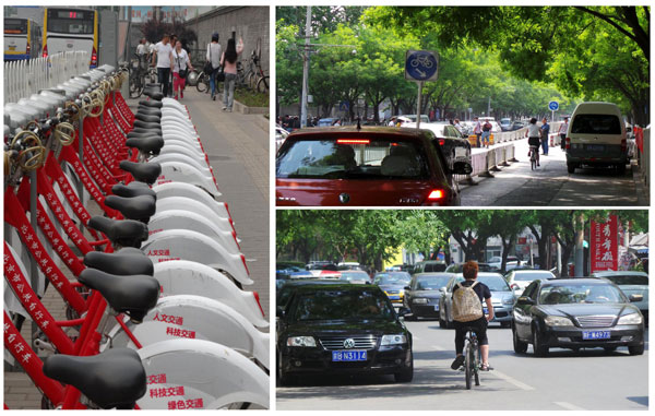 Public rental bikes stand idle along bicycle lanes occupied by cars in Dongcheng district of Beijing, June 3, 2013.