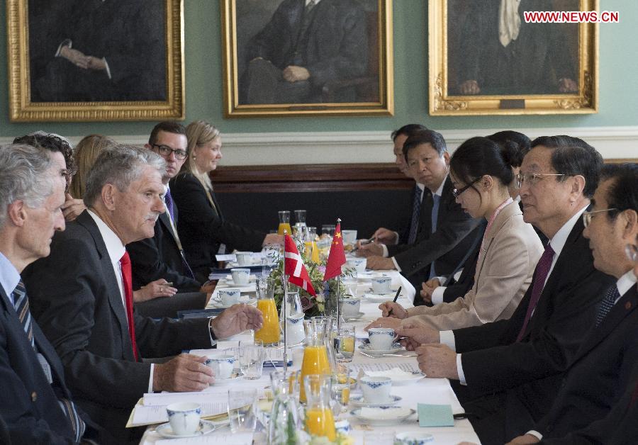 Yu Zhengsheng (2nd R), chairman of the National Committee of the Chinese People's Political Consultative Conference, holds talks with Danish Parliament Speaker Mogens Lykketoft (2nd L) in Copenhagen, Denmark, June 6, 2013. (Xinhua/Li Xueren) 