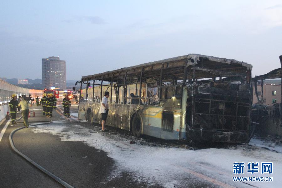 A bus is totally destroyed after a fire in Xiamen city, East China's Fujian province on June 7, 2013. (Photo/Xinhua)