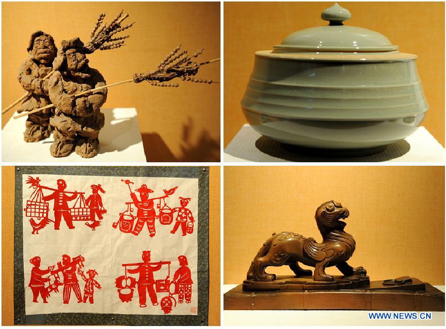 Combo photo taken on June 8, 2013 shows the artworks at an exhibition of intangible cultural heritages in the Henan Museum in Zhengzhou, capital of central China's Henan Province, June 8, 2013. The exhibition was held to mark the 8th National Cultural Heritage Day. (Xinhua/Li Bo) 