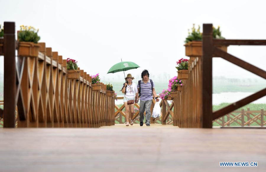 Tourists visit the Qilihai National Wetland Park in Ninghe County, north China's Tianjin, June 8, 2013. The park was officially opened to the public on Saturday. (Xinhua/Yue Yuewei)