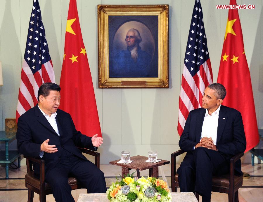 Chinese President Xi Jinping (L) and U.S. President Barack Obama meet the press after their meeting at the Annenberg Retreat, California, the United States, June 7, 2013. (Xinhua/Rao Aimin)