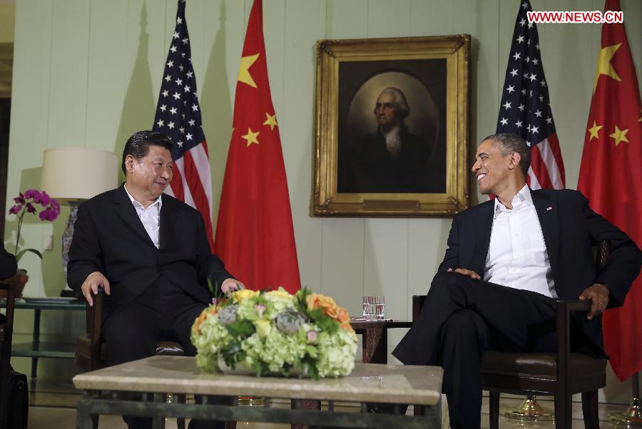 Chinese President Xi Jinping (L) and U.S. President Barack Obama meet the press after their meeting at the Annenberg Retreat, California, the United States, June 7, 2013. (Xinhua/Lan Hongguang) 