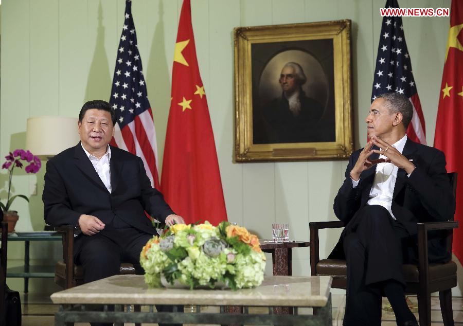 Chinese President Xi Jinping (L) and U.S. President Barack Obama meet the press after their meeting at the Annenberg Retreat, California, the United States, June 7, 2013. (Xinhua/Lan Hongguang) 